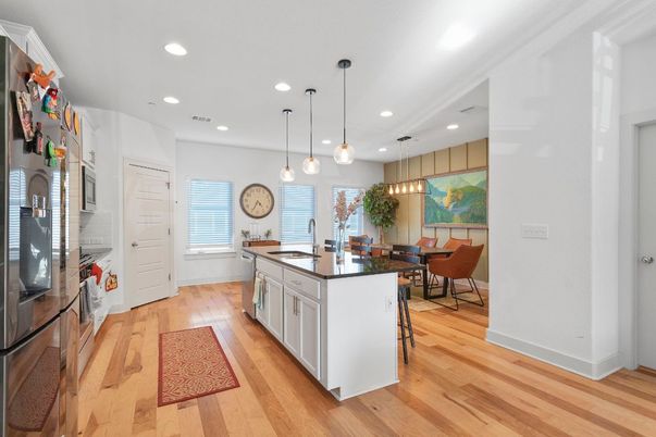 Dining room, Interior, Kitchen, Pendant Lights, Recessed Lighting, Wood Texture Flooring