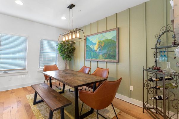 Dining room, Interior, Pendant Lights, Recessed Lighting, Wood Texture Flooring