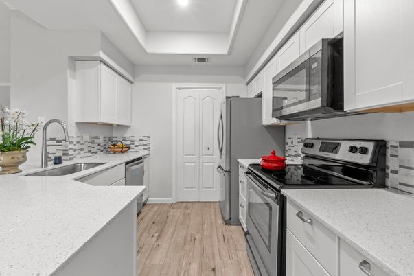 Interior, Kitchen, Recessed Lighting, Stainless Steel Appliances, Wood Texture Flooring