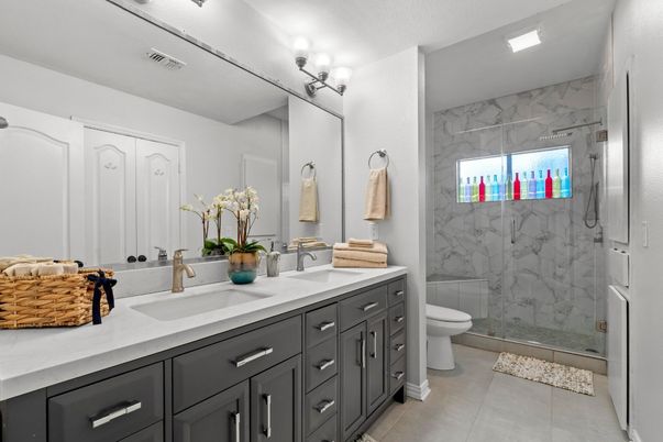 Bathroom, Dual Sink Vanities, Glass Shower, Interior, Marble Walls