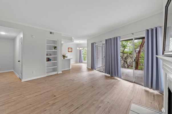 Empty room, Fireplace, Interior, Pendant Lights, Recessed Lighting, Wood Texture Flooring