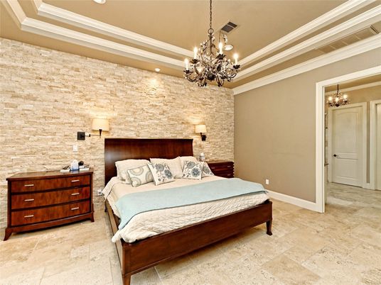 Bedroom, Chandelier, Interior, Recessed Lighting, Stone Walls