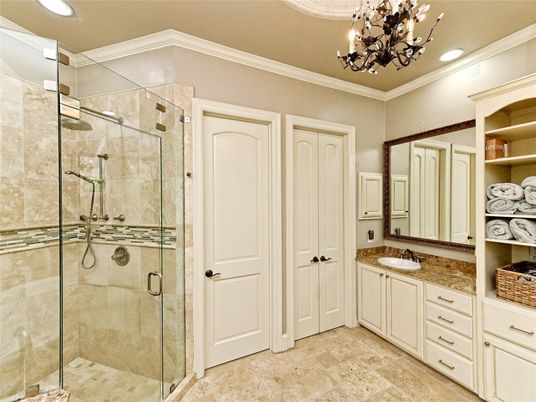 Bathroom, Chandelier, Glass Shower, Interior, Recessed Lighting
