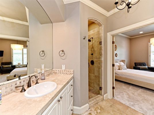 Bathroom, Bedroom, Chandelier, Glass Shower, Interior, Recessed Lighting