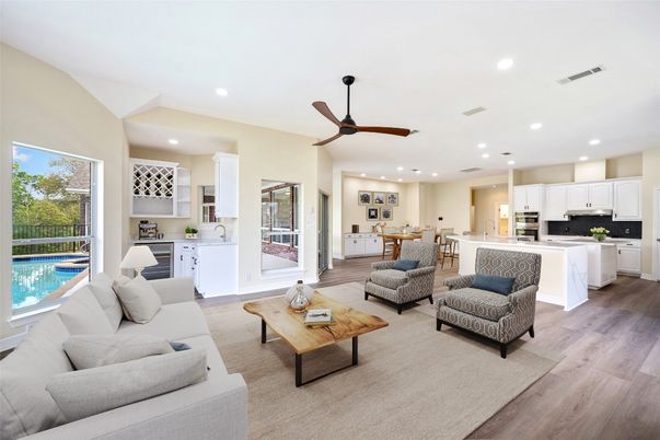 Dining room, Interior, Kitchen, Living room, Recessed Lighting, Stainless Steel Appliances, Wood Texture Flooring