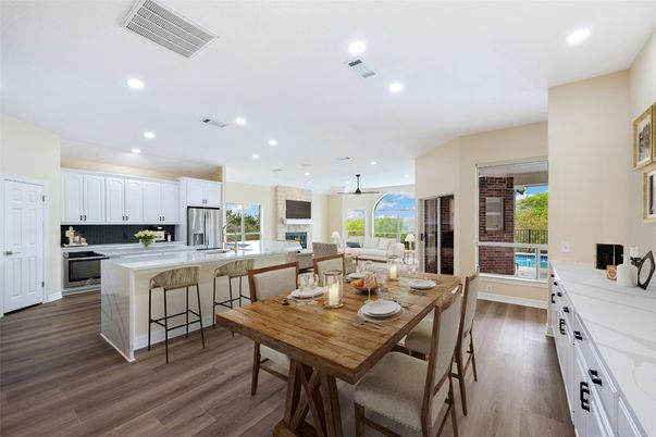 Dining room, Interior, Kitchen, Pendant Lights, Recessed Lighting, Stainless Steel Appliances, Wood Texture Flooring