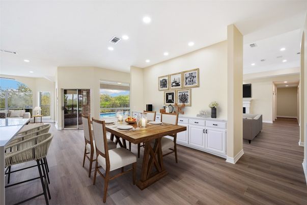 Dining room, Fireplace, Interior, Recessed Lighting, Wood Texture Flooring