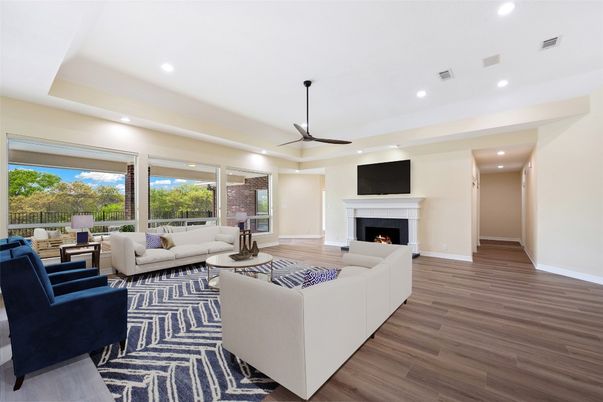 Fireplace, Interior, Living room, Recessed Lighting, Wood Texture Flooring