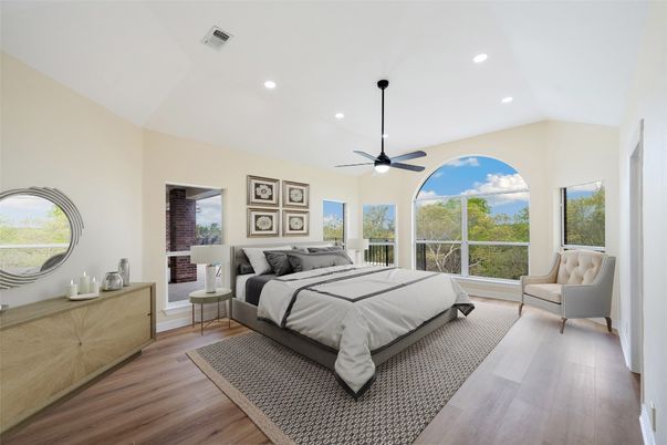 Bedroom, Interior, Recessed Lighting, Wood Texture Flooring
