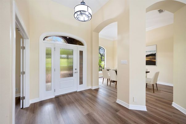 Dining room, Interior, Pendant Lights, Wood Texture Flooring