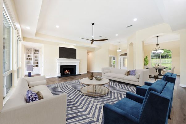 Dining room, Fireplace, Interior, Living room, Pendant Lights, Recessed Lighting, Wood Texture Flooring