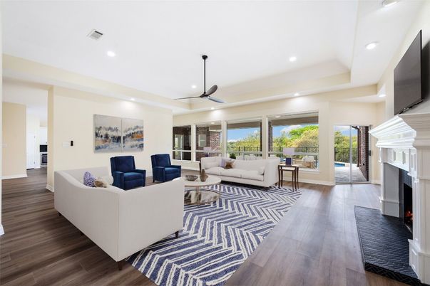 Fireplace, Interior, Living room, Recessed Lighting, Wood Texture Flooring