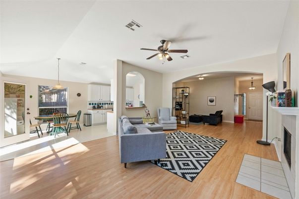 Dining room, Fireplace, Interior, Living room, Pendant Lights, Wood Texture Flooring