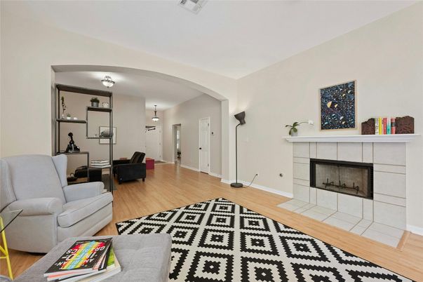 Fireplace, Interior, Living room, Pendant Lights, Wood Texture Flooring