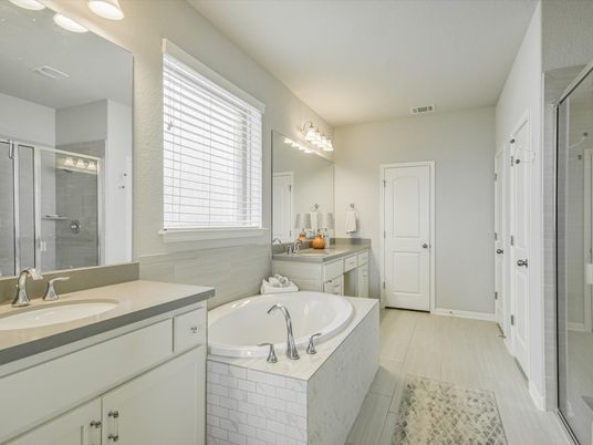 Bathroom, Dual Sink Vanities, Glass Shower, Interior, Wood Texture Flooring