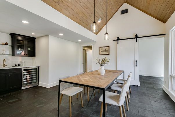Dining room, Interior, Pendant Lights, Recessed Lighting, Wooden Ceilings