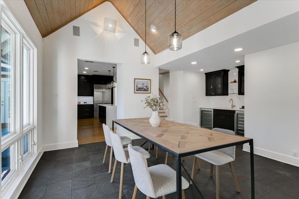 Dining room, Interior, Kitchen, Pendant Lights, Recessed Lighting, Stainless Steel Appliances, Wooden Ceilings