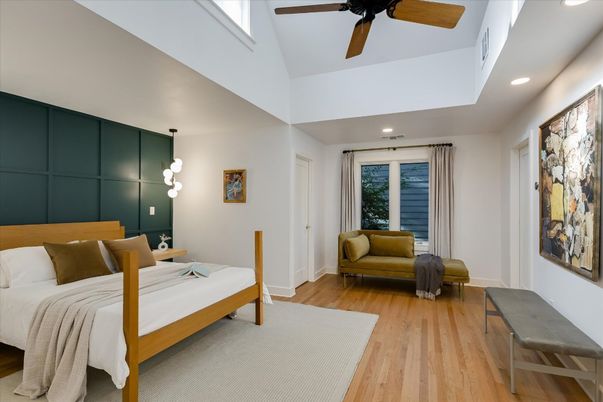 Bedroom, Interior, Pendant Lights, Recessed Lighting, Wood Texture Flooring