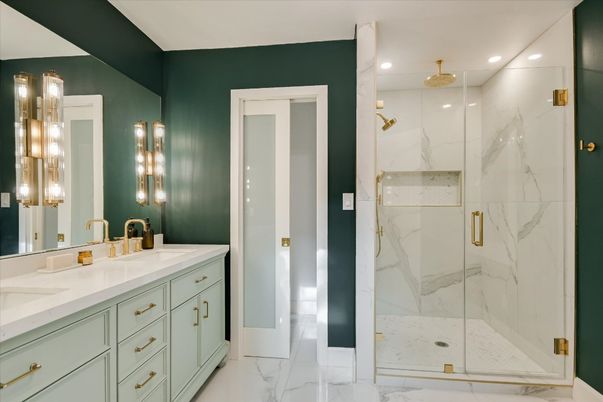 Bathroom, Dual Sink Vanities, Glass Shower, Interior, Marble, Marble Walls, Recessed Lighting