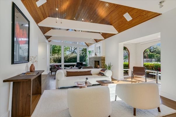 Fireplace, Interior, Living room, Recessed Lighting, Wooden Ceilings, Wood Texture Flooring