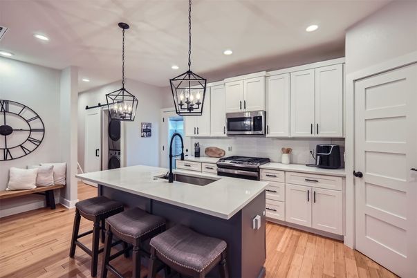 Interior, Kitchen, Pendant Lights, Recessed Lighting, Stainless Steel Appliances, Wood Texture Flooring