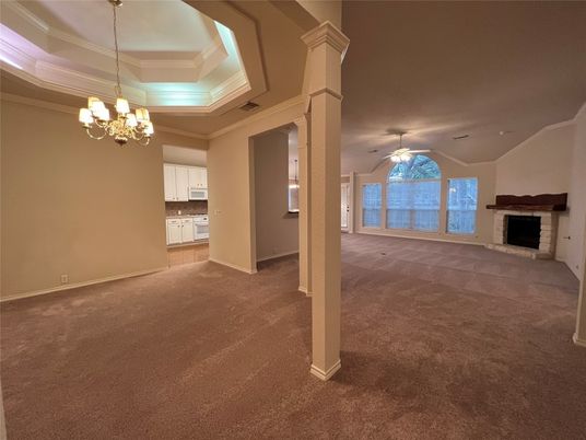 Chandelier, Empty room, Fireplace, Interior