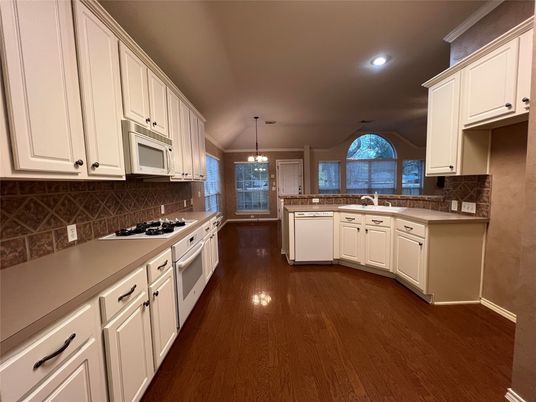 Chandelier, Interior, Kitchen, Pendant Lights, Recessed Lighting, Wood Texture Flooring