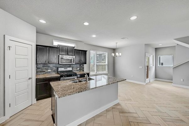 Chandelier, Interior, Kitchen, Pendant Lights, Recessed Lighting, Wood Texture Flooring