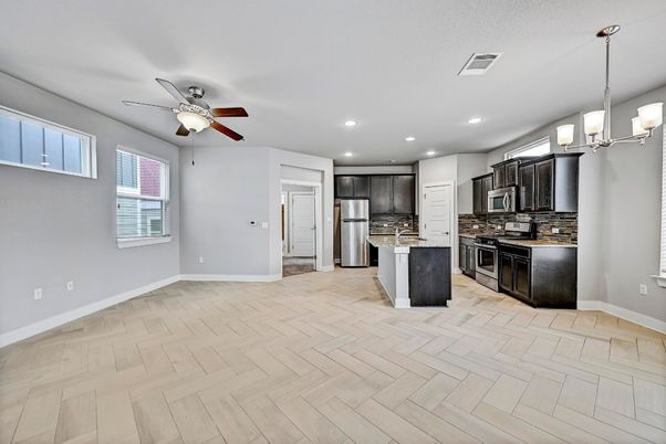 Chandelier, Interior, Kitchen, Pendant Lights, Recessed Lighting, Stainless Steel Appliances, Wood Texture Flooring