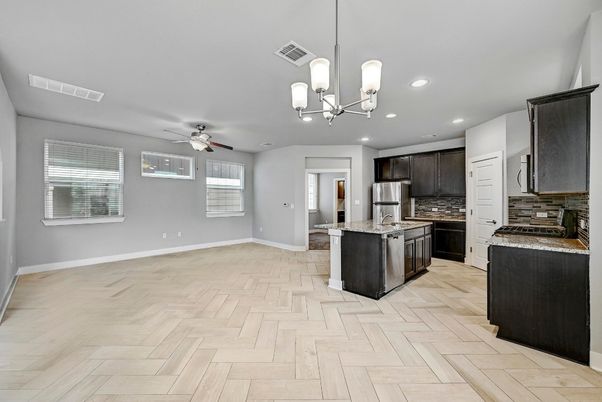 Chandelier, Interior, Kitchen, Pendant Lights, Recessed Lighting, Wood Texture Flooring