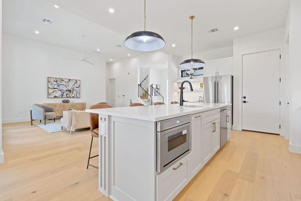 Interior, Kitchen, Living room, Pendant Lights, Recessed Lighting, Stainless Steel Appliances, Wood Texture Flooring