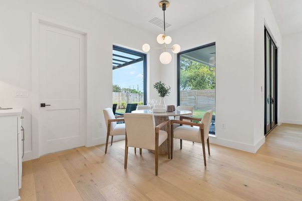 Dining room, Interior, Pendant Lights, Wood Texture Flooring