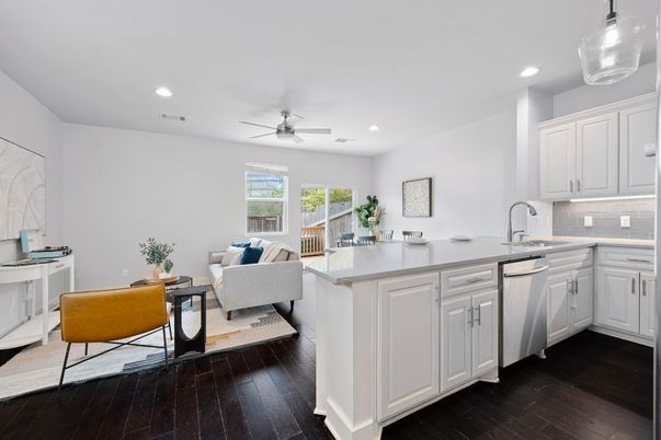 Interior, Kitchen, Living room, Recessed Lighting, Wood Texture Flooring