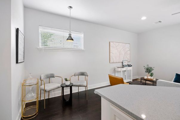 Dining room, Interior, Pendant Lights, Recessed Lighting, Wood Texture Flooring