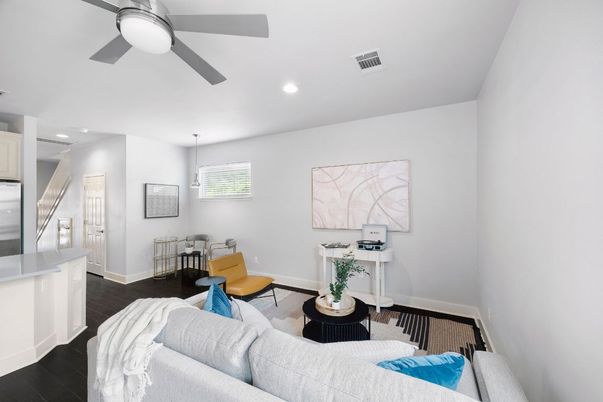 Dining room, Interior, Living room, Pendant Lights, Recessed Lighting, Wood Texture Flooring