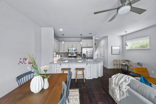 Dining room, Interior, Kitchen, Pendant Lights, Recessed Lighting, Stainless Steel Appliances, Wood Texture Flooring