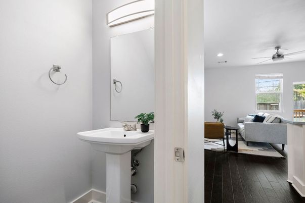 Bathroom, Interior, Living room, Recessed Lighting, Wood Texture Flooring