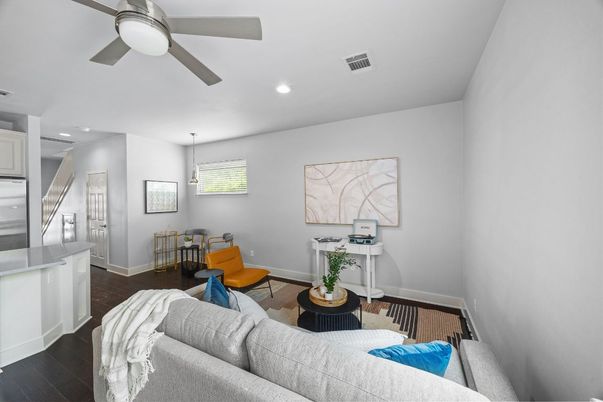 Dining room, Interior, Living room, Pendant Lights, Recessed Lighting, Wood Texture Flooring