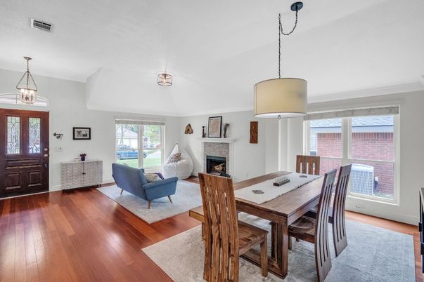 Dining room, Fireplace, Interior, Living room, Pendant Lights, Wood Texture Flooring