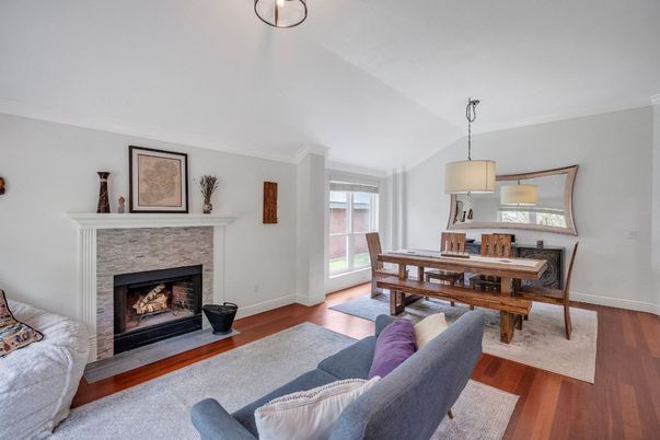 Dining room, Fireplace, Interior, Pendant Lights, Wood Texture Flooring