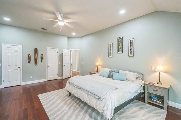 Bedroom, Interior, Recessed Lighting, Wood Texture Flooring