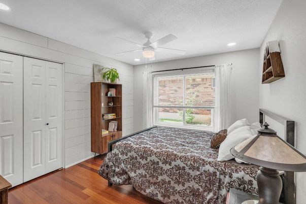 Bedroom, Interior, Recessed Lighting, Wood Texture Flooring