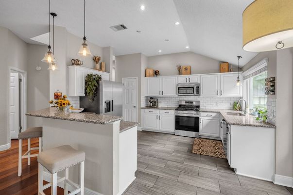 Interior, Kitchen, Pendant Lights, Recessed Lighting, Stainless Steel Appliances, Wood Texture Flooring