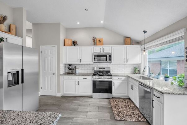 Interior, Kitchen, Pendant Lights, Recessed Lighting, Stainless Steel Appliances, Wood Texture Flooring