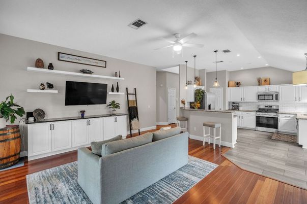 Interior, Kitchen, Living room, Pendant Lights, Recessed Lighting, Stainless Steel Appliances, Wood Texture Flooring
