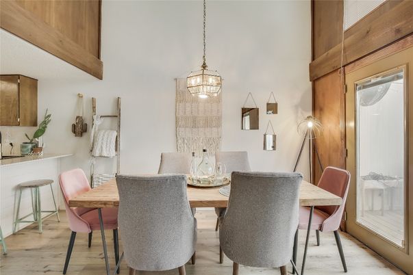 Dining room, Interior, Pendant Lights, Wooden Beams, Wood Texture Flooring