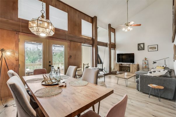 Dining room, Fireplace, Interior, Living room, Pendant Lights, Wood Texture Flooring, Wooden Walls