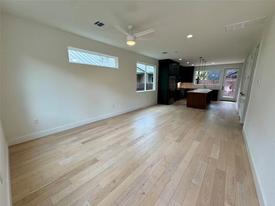 Empty room, Interior, Kitchen, Pendant Lights, Recessed Lighting, Wood Texture Flooring