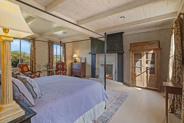 Bedroom, Fireplace, Interior, Wooden Beams, Wooden Ceilings, Wood Texture Flooring