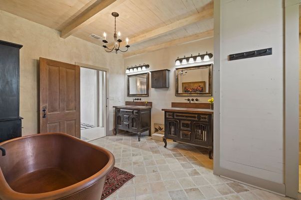 Bathroom, Chandelier, Free Standing Baths, Interior, Wooden Beams, Wooden Ceilings